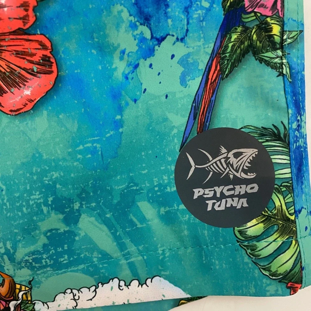 Psycho Tuna Mens Teal Tropical Surfing Skeleton Floral Swim Trunks Shorts Size M